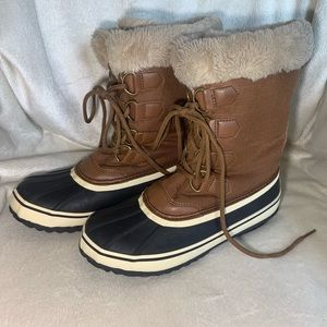 JBU “Rainey Too” Winter Duck Mid-Calf Brown/Black Boots faux fur women size 6.5